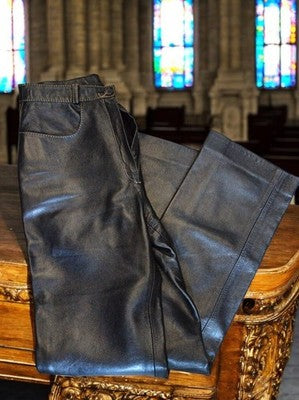 Pantalon cuir noir femme Pauleka Paris vintage flare rétro pantalon leather
