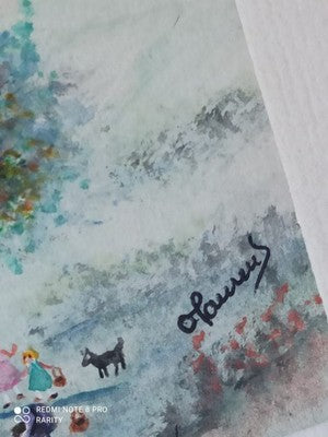 Peinture encadrée signée Laurens paysage campagne milieu XXe aquarelle