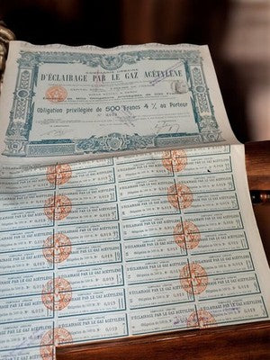 Obligation au porteur 500F Gaz Acétylène vintage années 1920 titre ancien