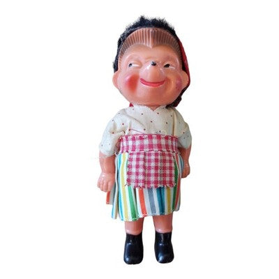 Poupée vintage allemande 1950, visage souriant, tablier à carreaux, jouet ancien