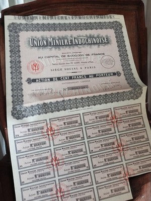 Action au porteur Union Minière Indochinoise 1920s ancien titre boursier vintage