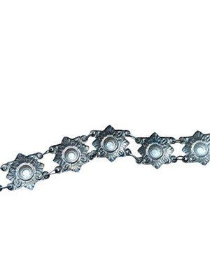 Bracelet vintage femme métal argenté motif floral, bijou rétro ancien