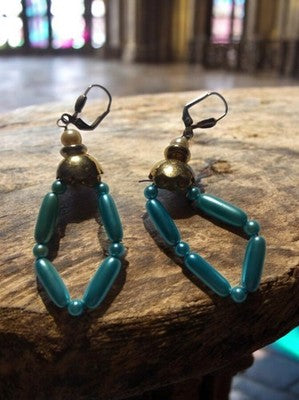 Boucles d’oreilles vintage années 70 perles bleu canard et doré rétro
