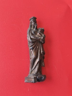 Statue ancienne Vierge Marie à l'Enfant métal vintage petite sculpture religieus