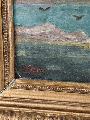 Ancien tableau marine huile sur toile 1889, cadre doré sculpté signé
