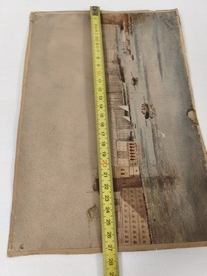 Dessin aquarellé ancien 1898 signé S. Pélissier, marine portuaire aux voiliers
