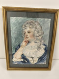 Ancien petit tableau aquarelle, portrait féminin, cadre doré monogrammé