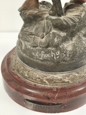 Statue Floraison Ch. Ruchot régule patiné socle bois Art Nouveau ancienne