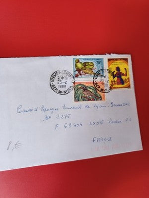 Ancienne lettre affranchie Niger 1986, timbres oiseaux et thématique Afrique, vi