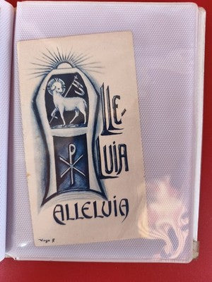 Carte religieuse ancienne vintage Alleluia agneau Pascal illustration bleue
