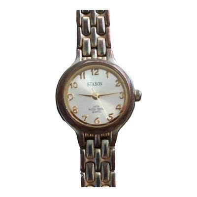 Montre vintage femme Stason, bracelet maillons bicolore, cadran doré rétro