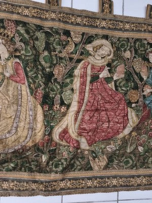 Ancienne tapisserie murale scène courtoise millefleurs bordure à rinceaux