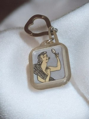 Porte-clés publicitaire vintage femme miroir rétro déco carré