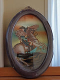 Tableau vintage sous verre Napoléon Bonaparte à cheval cadre ovale ancien