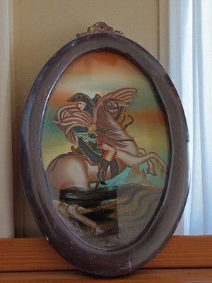 Tableau vintage sous verre Napoléon Bonaparte à cheval cadre ovale ancien