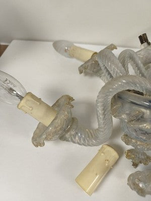 Lustre ancien Murano opaline transparent, 6 bras torsadés, à restaurer vintage