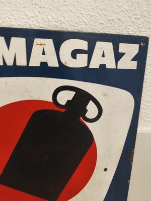 Ancienne grande plaque émaillée Primagaz, pub gaz décor bouteille