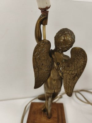 Lampe ancienne bronze patiné doré, ange ailé, socle bois, électrifiée