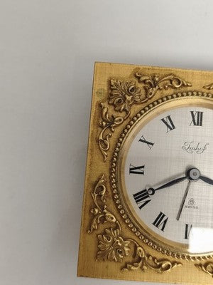 Horloge de table Imhof suisse, cadran argenté, style baroque vintage