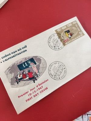 Ancienne FDC Vietnam 1967 alphabétisation, timbre 3đ, cachet Saigon vintage
