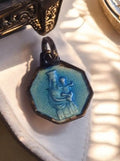 Médaille religieuse octogonale vintage Vierge à l'Enfant émail bleu catholique