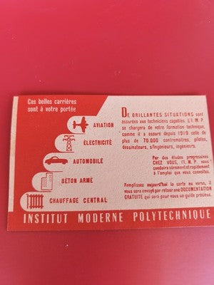 Ancienne carte publicitaire vintage Institut Moderne Polytechnique années 50-60