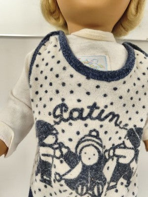 Poupée ancienne marque Ancienne, blonde, yeux bruns, tenue bleu marine