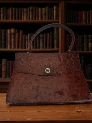 Sac à main vintage cuir brun vieilli, fermoir rétro, style années 50