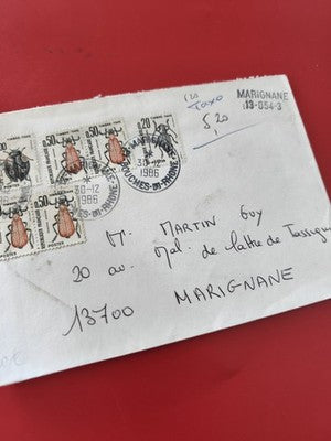 Ancienne enveloppe timbrée oblitérée 1986 insectes philatélie France collection