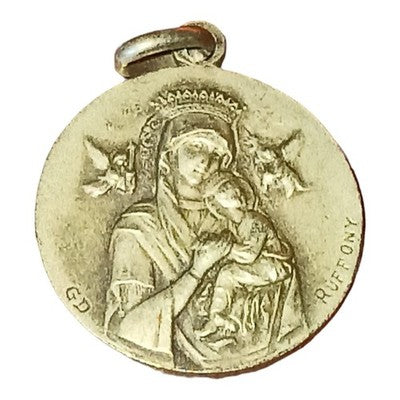 Pendentif médaille ancienne communion bronze argenté Vierge Ruffony vintage
