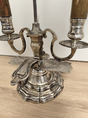 Lampe Napoléon III 1850 tôle peinte, deux lumières, chérubin