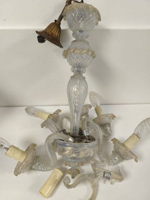 Lustre ancien Murano opaline transparent, 6 bras torsadés, à restaurer vintage