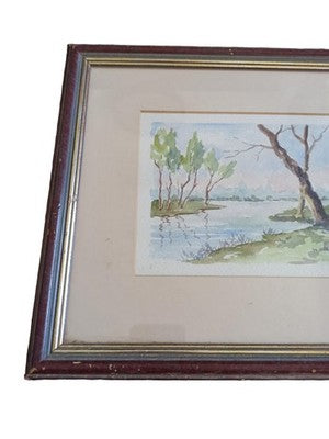 Aquarelle signée Pierre Gac paysage arbres lac reflet encadrée nature