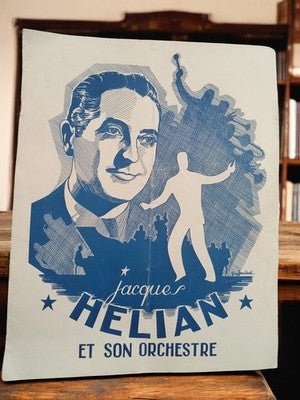 Affiche musique Jacques Hélian et son orchestre vintage rétro ancien bleu
