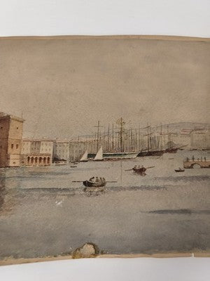 Dessin aquarellé ancien 1898 signé S. Pélissier, marine portuaire aux voiliers