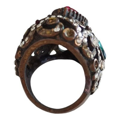 Bague ethnique ancienne laiton cabochons rouge vert strass taille 54 vintage