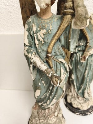 Statues anges XIXe Napoléon III plâtre polychrome à restaurer déco église