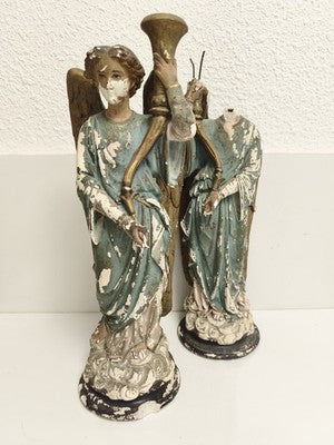 Statues anges XIXe Napoléon III plâtre polychrome à restaurer déco église