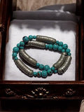 Bracelet vintage perles turquoise et métal, style ethnique ancien