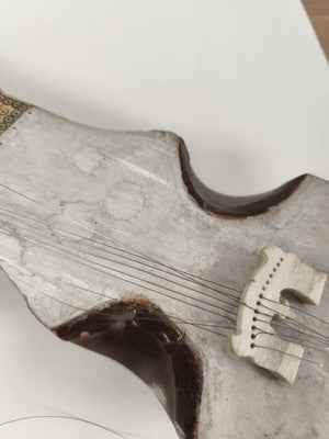 Esraj ancien indien bois et peau, décor gravé, cordes sympathiques