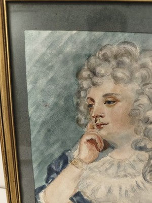 Ancien petit tableau aquarelle, portrait féminin, cadre doré monogrammé
