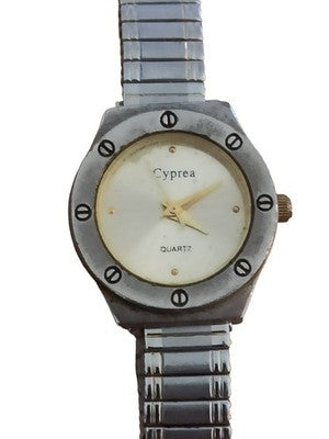 Montre vintage Cyprea quartz, bracelet métal, cadran argenté, rétro