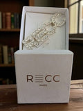 Broche RECC Paris vintage dorée strass logo, épingle bijou fantaisie rétro