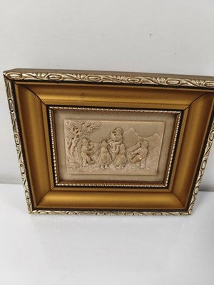 Ancien cadre vintage début XXe sculpture pierre calcaire enfants décor rétro