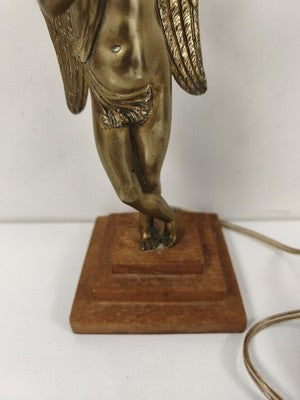 Lampe ancienne bronze patiné doré, ange ailé, socle bois, électrifiée