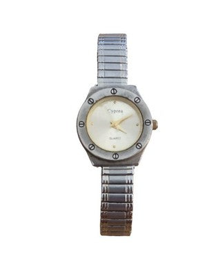 Montre vintage Cyprea quartz, bracelet métal, cadran argenté, rétro