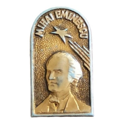 Broche vintage Mihai Eminescu, portrait doré, étoile, style rétro Roumanie