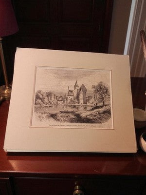 Gravure ancienne manoir de Fontaine, dessin de Gudry, art rétro vintage