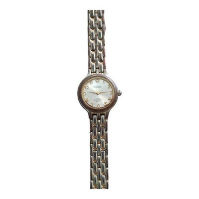 Montre vintage femme Stason, bracelet maillons bicolore, cadran doré rétro