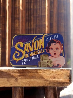 Boîte métal vintage Savon de Marseille déco rétro bleu jaune enfant 72% d'huile